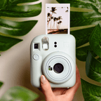 Sfeerafbeelding instax mini 12™ camera Mint Green, waarop de camera te zien is op de voorgrond en op de achtergrand bladeren van een plant zichtbaar zijn. Uit de camera komt een afbeelding met palmbomen. 