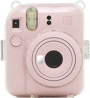 instax mini 12 glitter case met instax mini 12 blossom pink voorkant