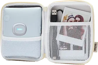 instax Link SQUARE case woven ivory open voorkant met printer