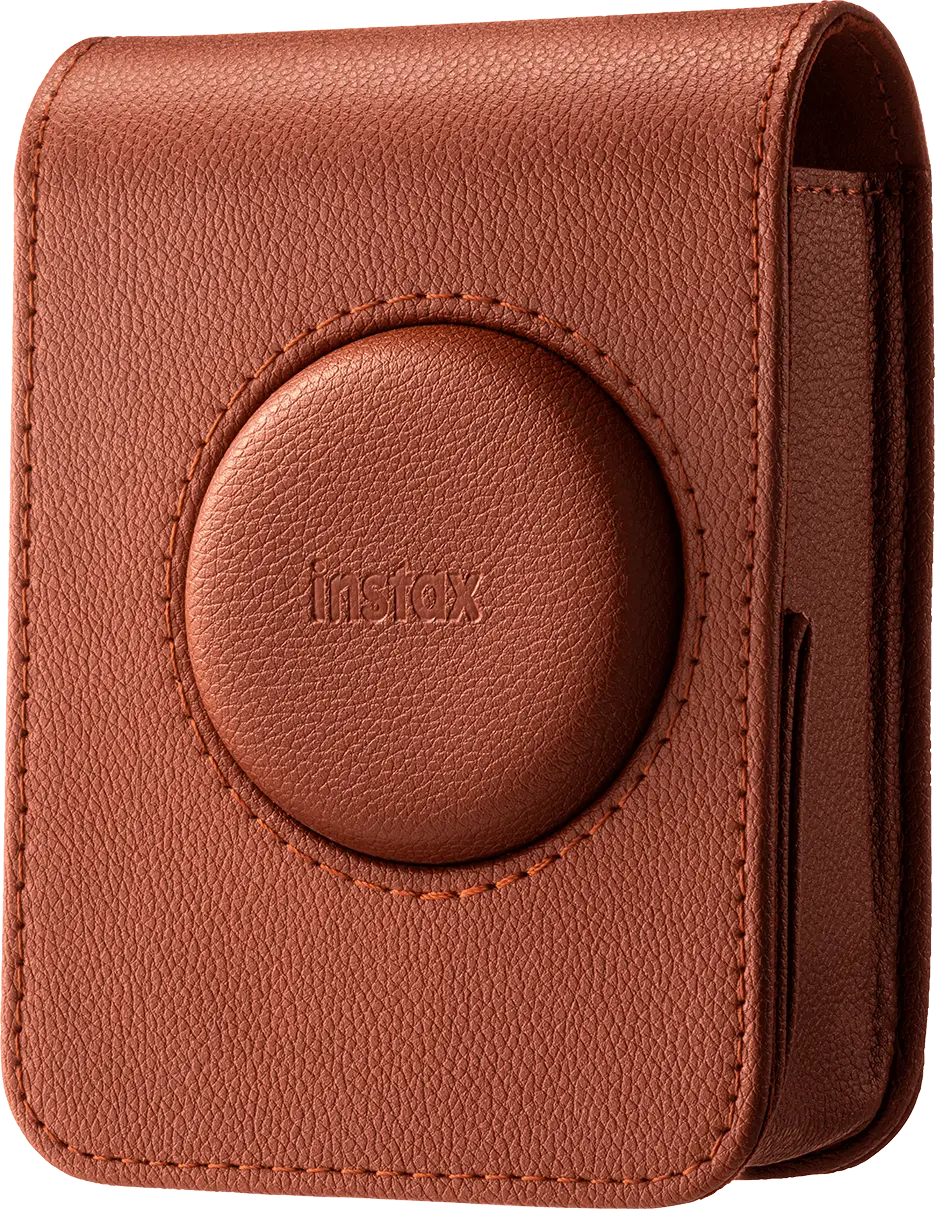 instax mini Evo case bruin voorkant dicht schuin 