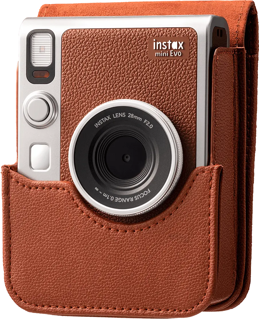 instax mini Evo case bruin voorkant schuin open